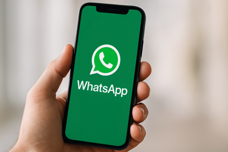 Iphone, jonka näytöllä whatsapp-logo. Kuvituskuva